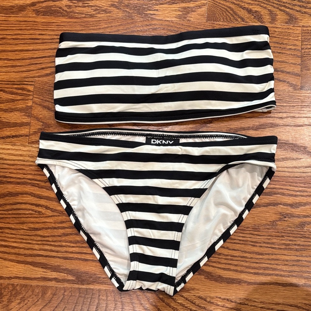DKNY Black and White Striped Swimwear